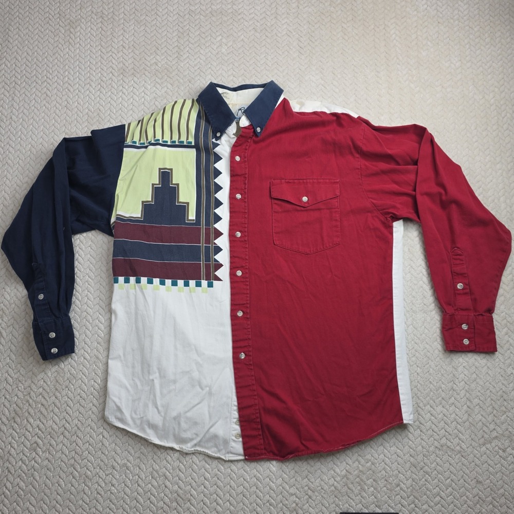 Vintage Roper Rodeo Blue Western Shirt Mens Large‎ Colorblock Southwestern USA